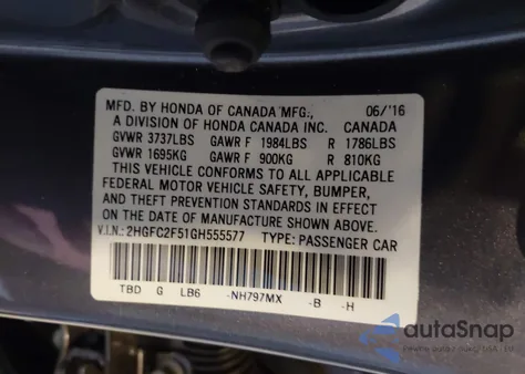2016 Honda Civic Lx z USA, uszkodzony, nr VIN 2HGFC2F51GH555577